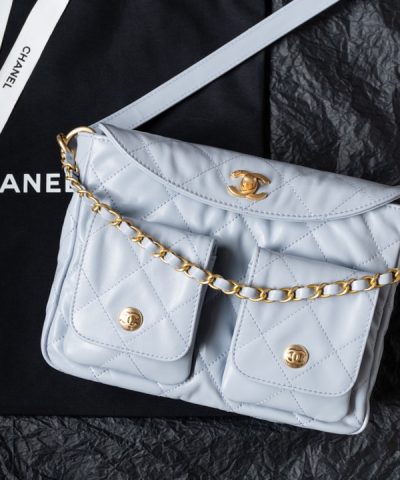 Chanel 24P Messenger Hobo Pale Blue - fake chanel hobo pale blue front view